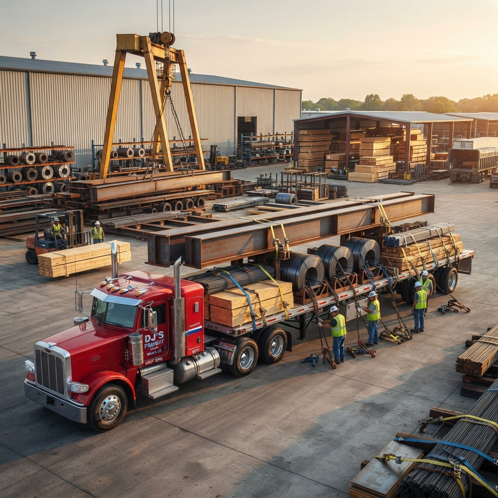 Steel coils and dimensional lumber loaded and secured on a flatbed trailer