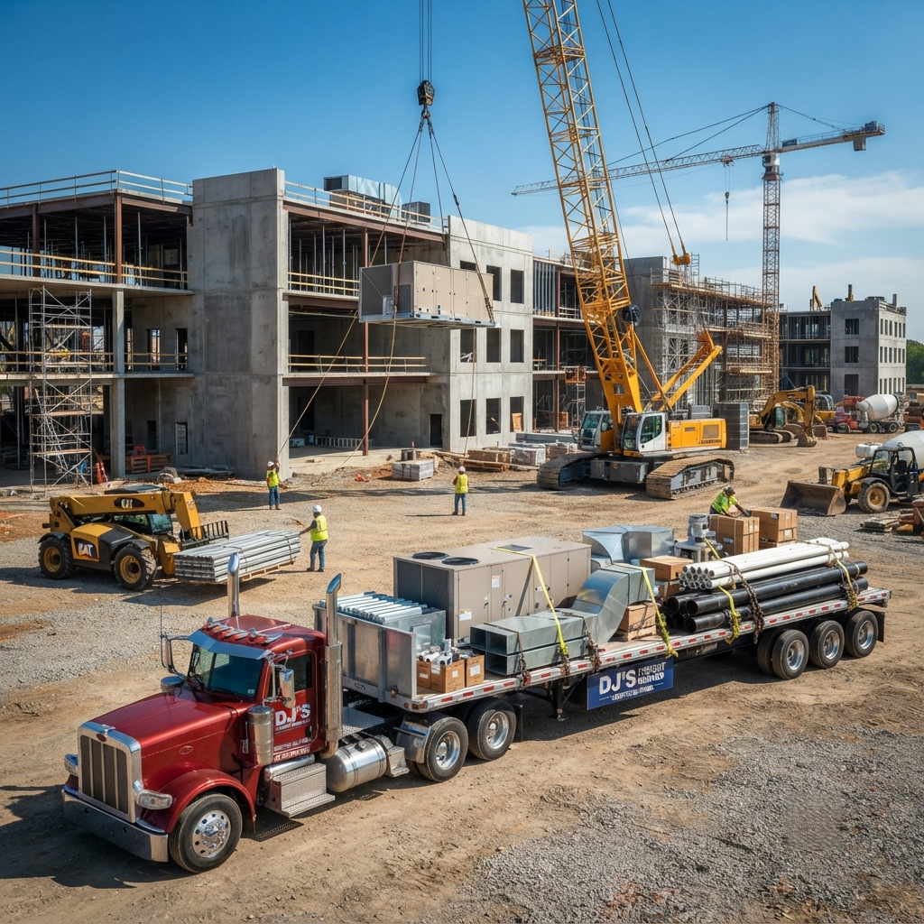 Rooftop HVAC unit being prepared for crane-assisted delivery